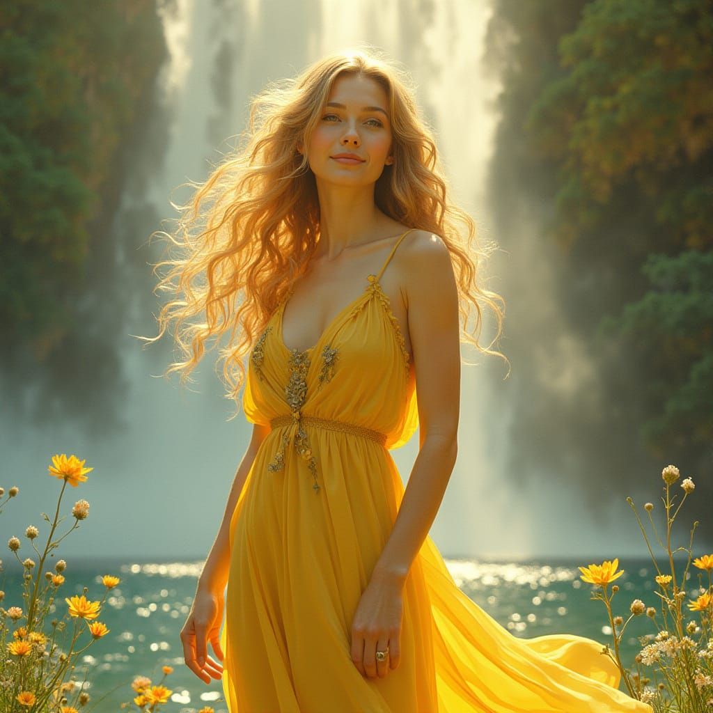 Woman with Wildflowers at Waterfall, Art Nouveau Style