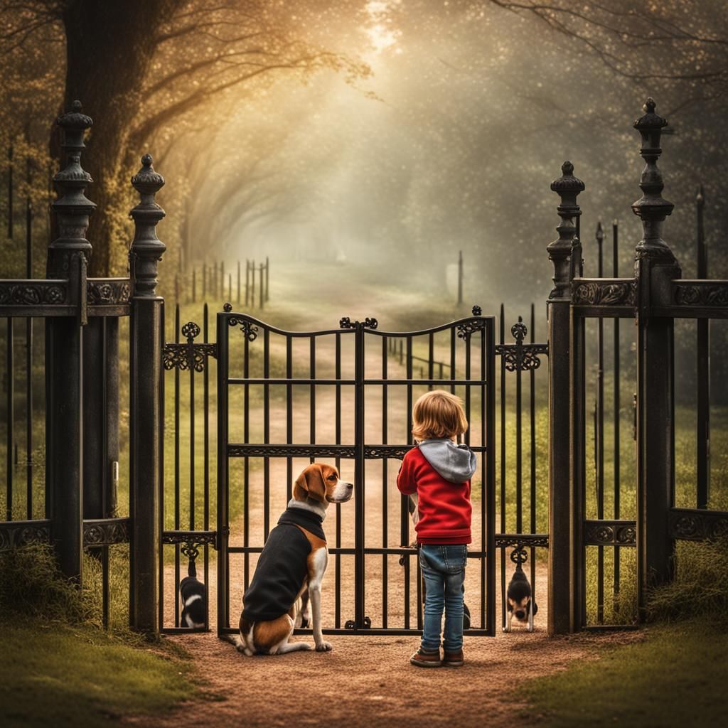 A boy and three girls,standing on a five bar gate,one little girl looking through the bars,a beagle dog sitting by her,a...