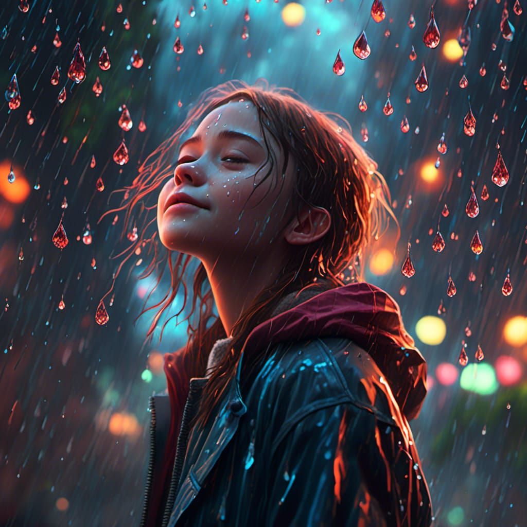 Girl in Crystal Rain with Bioluminescent Lights