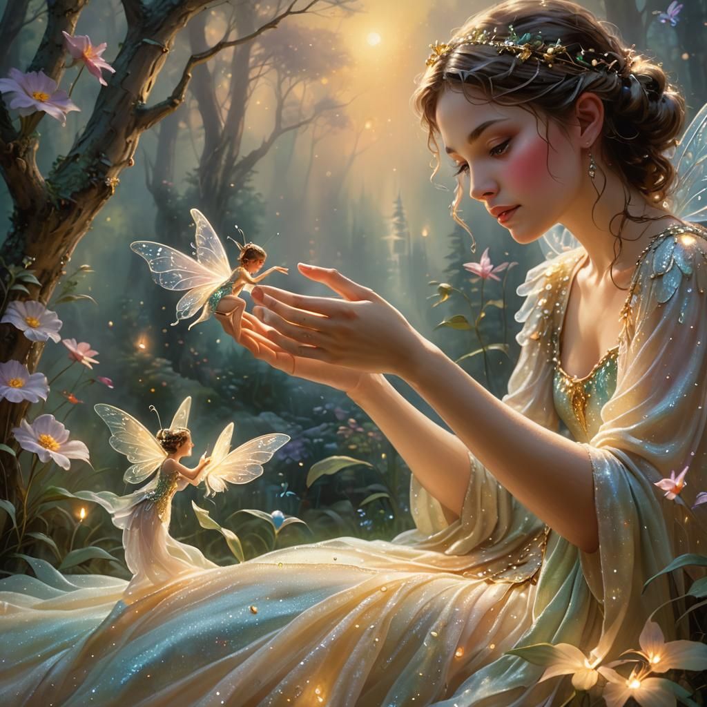 Mini Fairy Resting on a Human Finger in Ethereal Light