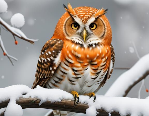 Whimsical Orange Cartoon Owl in Winter Wonderland