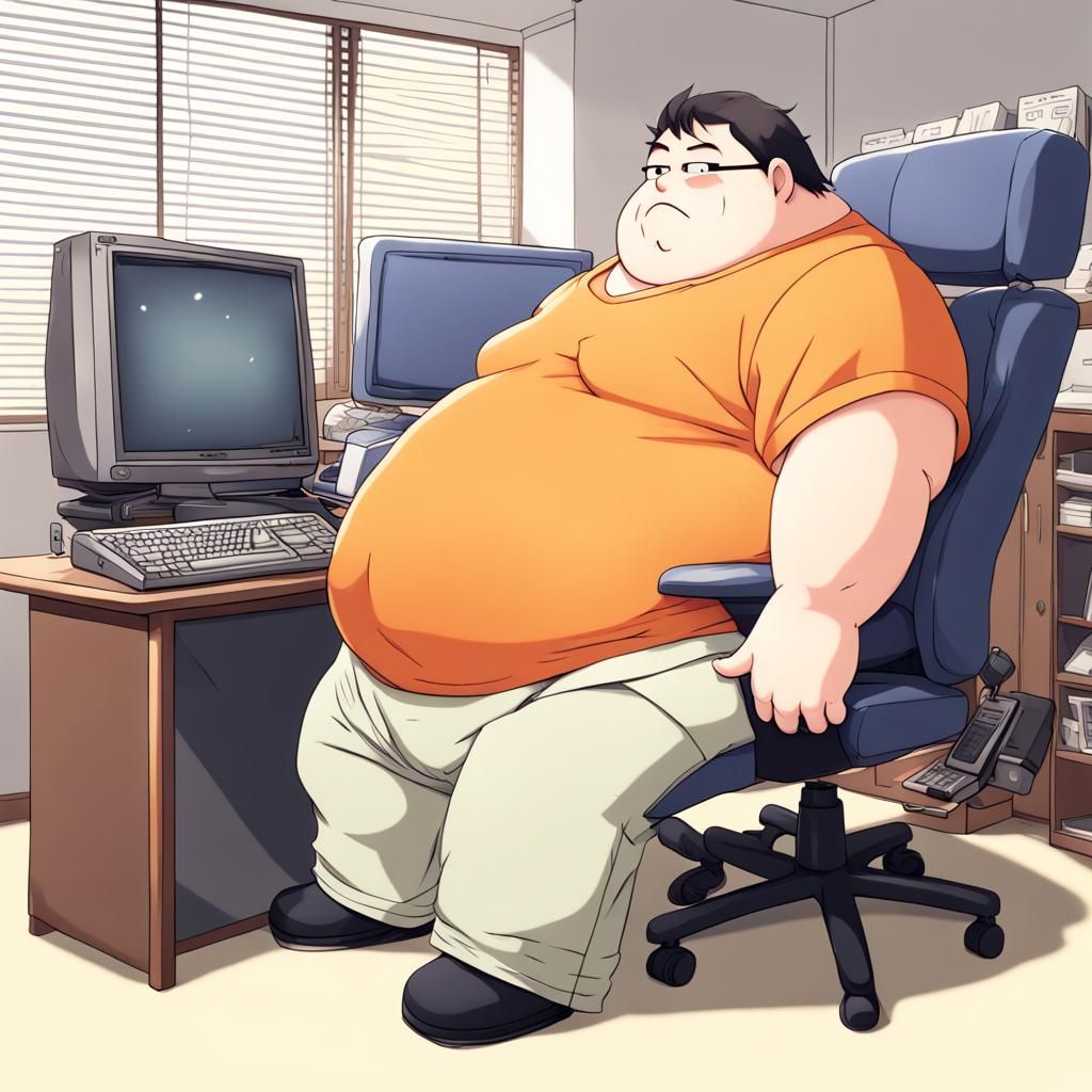 Anime Style: Man at Computer Workstation
