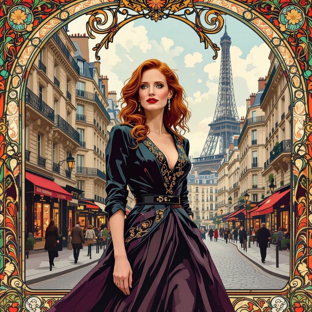 Jessica Chastain in Paris, Alphonse Mucha Style