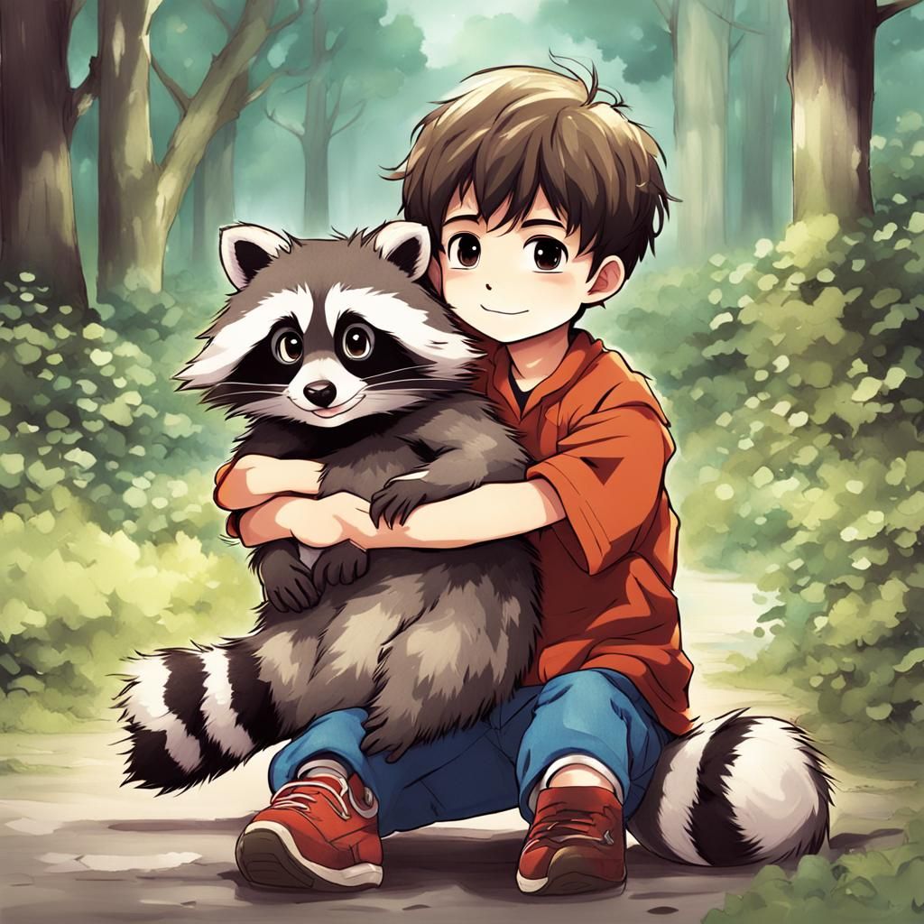 Toddler and Raccoon Pet in Manga Style