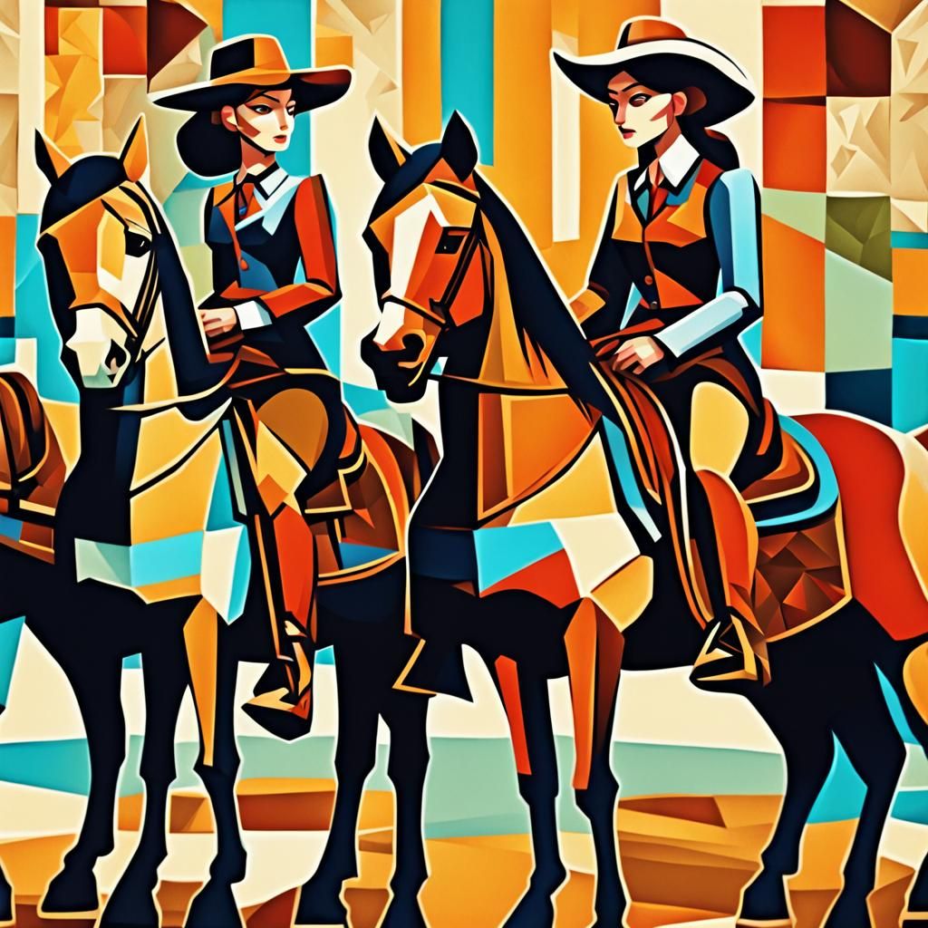 Anime Saloon Girls in Cubist Western Scene