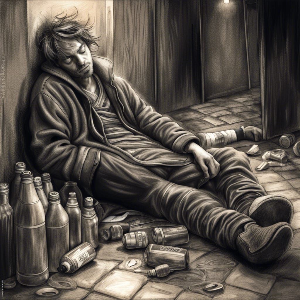 Homeless Man in Dystopian Alley: Charcoal Drawing
