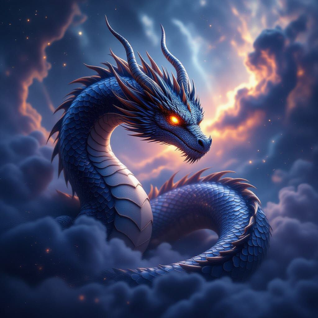 Majestic Obsidian Dragon Coiled Around Cosmic Nebula