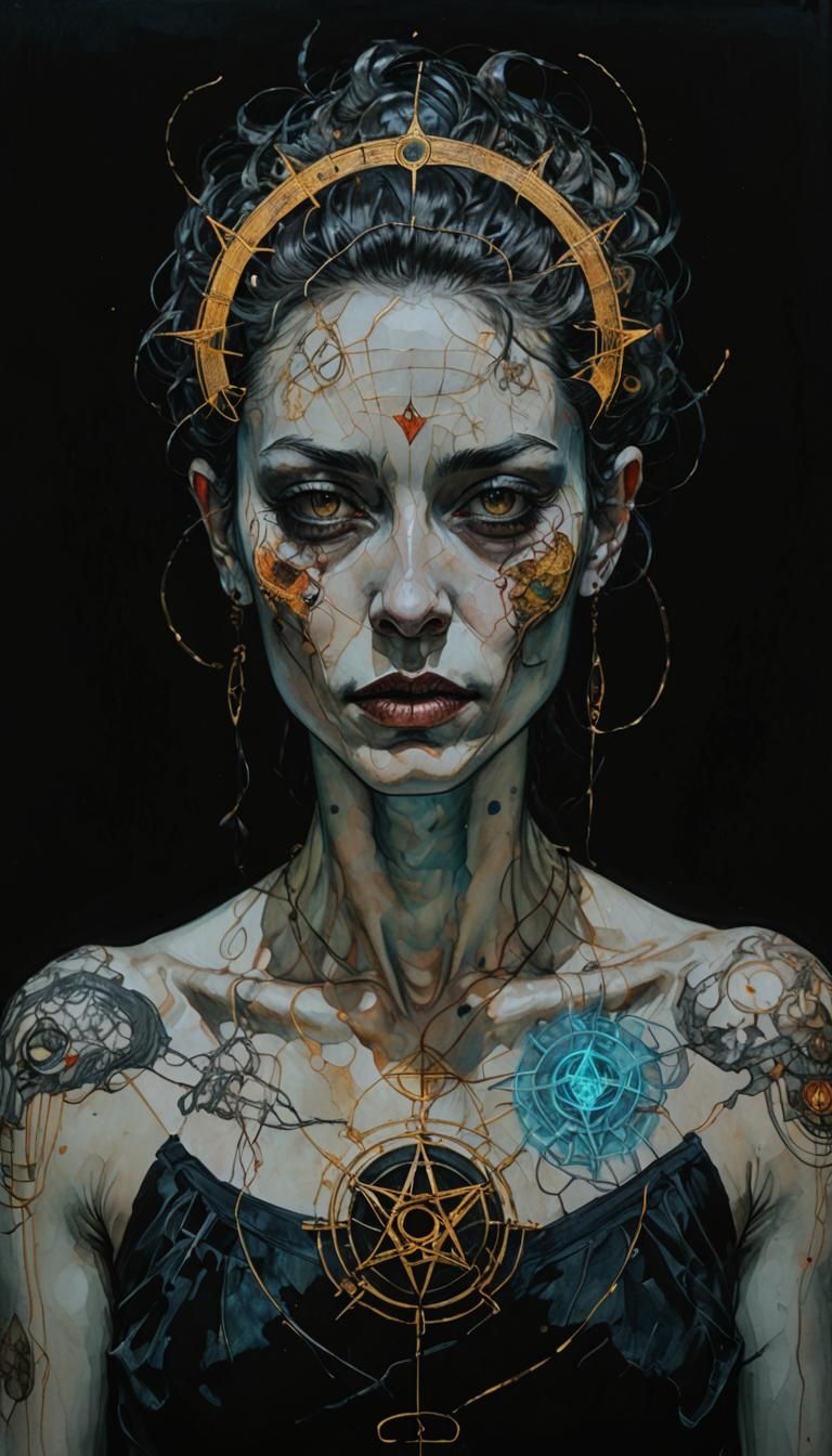 Occult Symbols with Zodiac Woman in Mixed Media