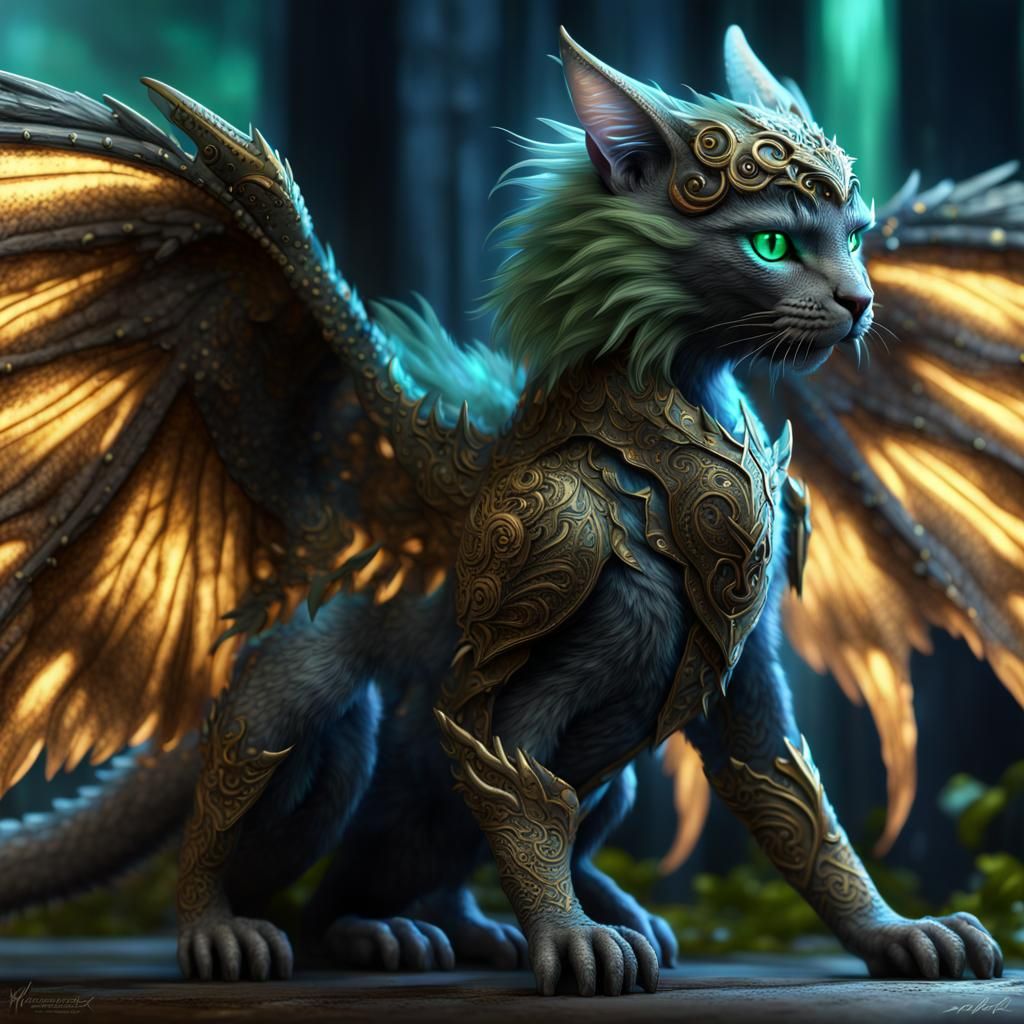 Winged Blue Cat Dragon with Green Eyes