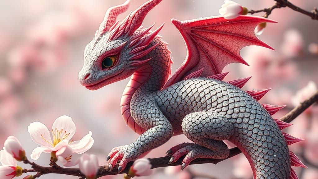 Fluffy Dragon with Cherry Blossoms, Detailed Fantasy Art