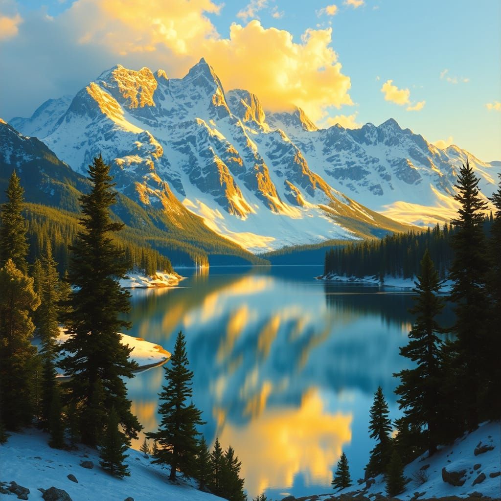 Mountain Landscape Reflected at Sunset in Romantic Style