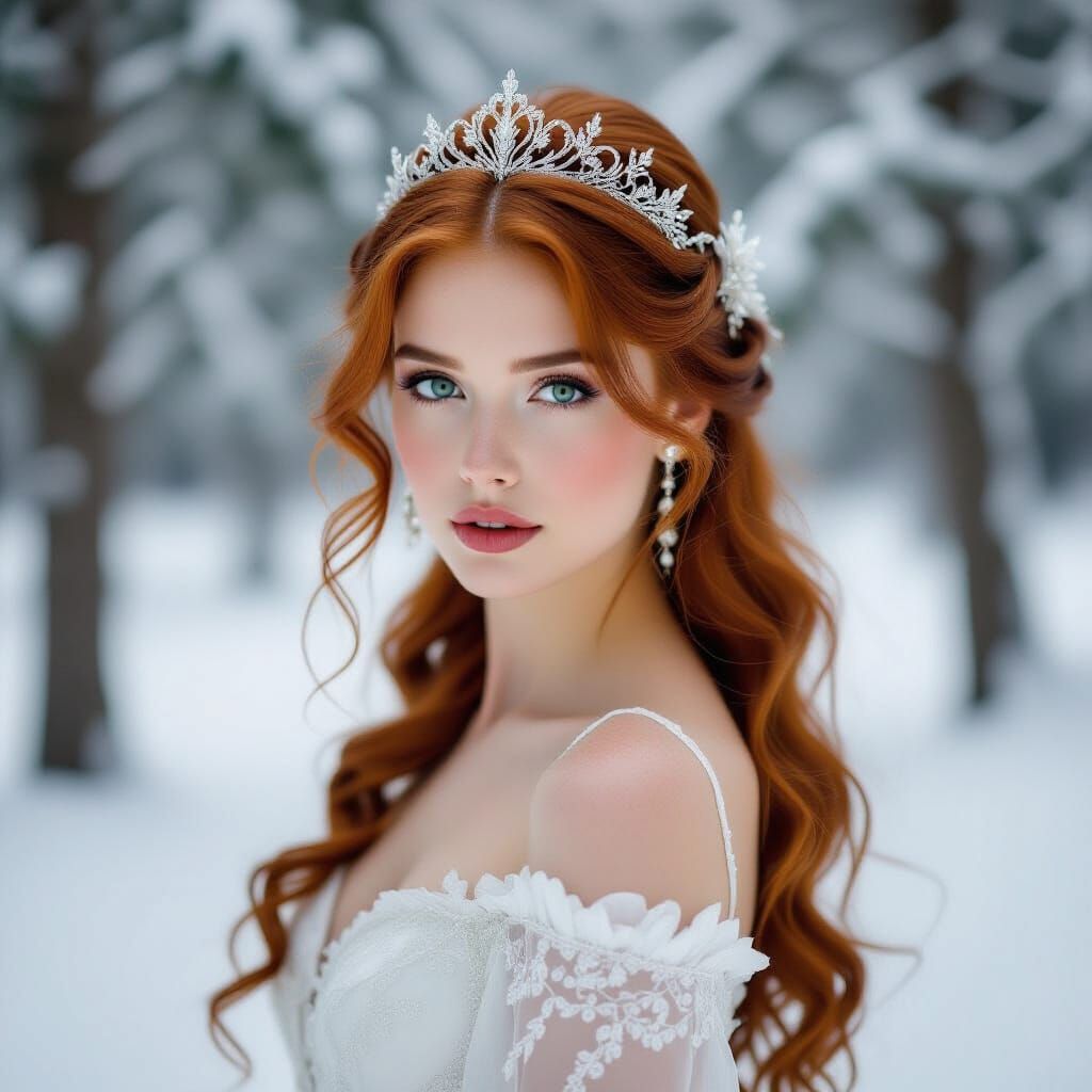 Auburn Beauty in Snowy Forest: Pre-Raphaelite Style
