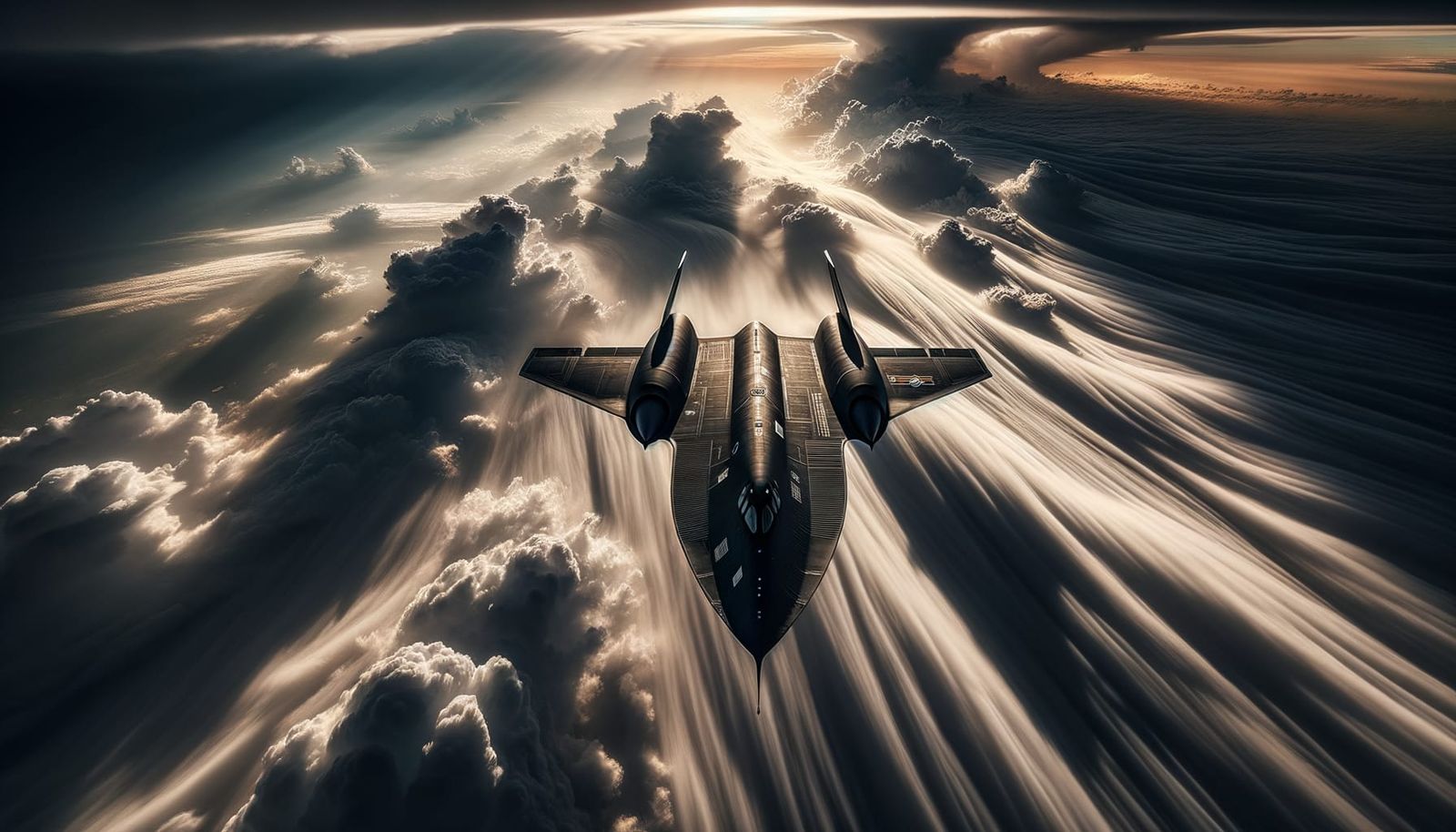 SR-71 Blackbird in climbout above the clouds with heavy storm and rolling clouds below, 4K, Hyperrealistic, Photo Qualit...