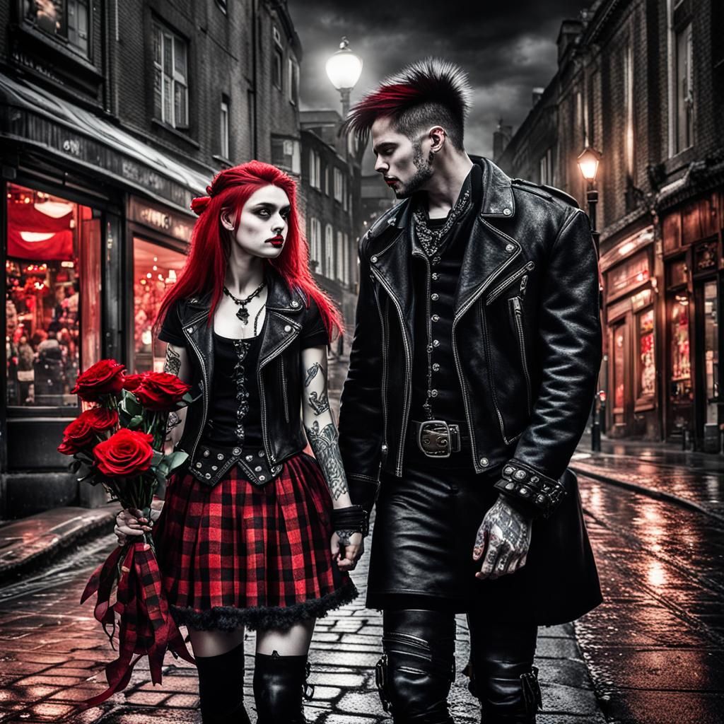 Gothic Punk Couple Celebrate Valentine's Day in Aquarelle