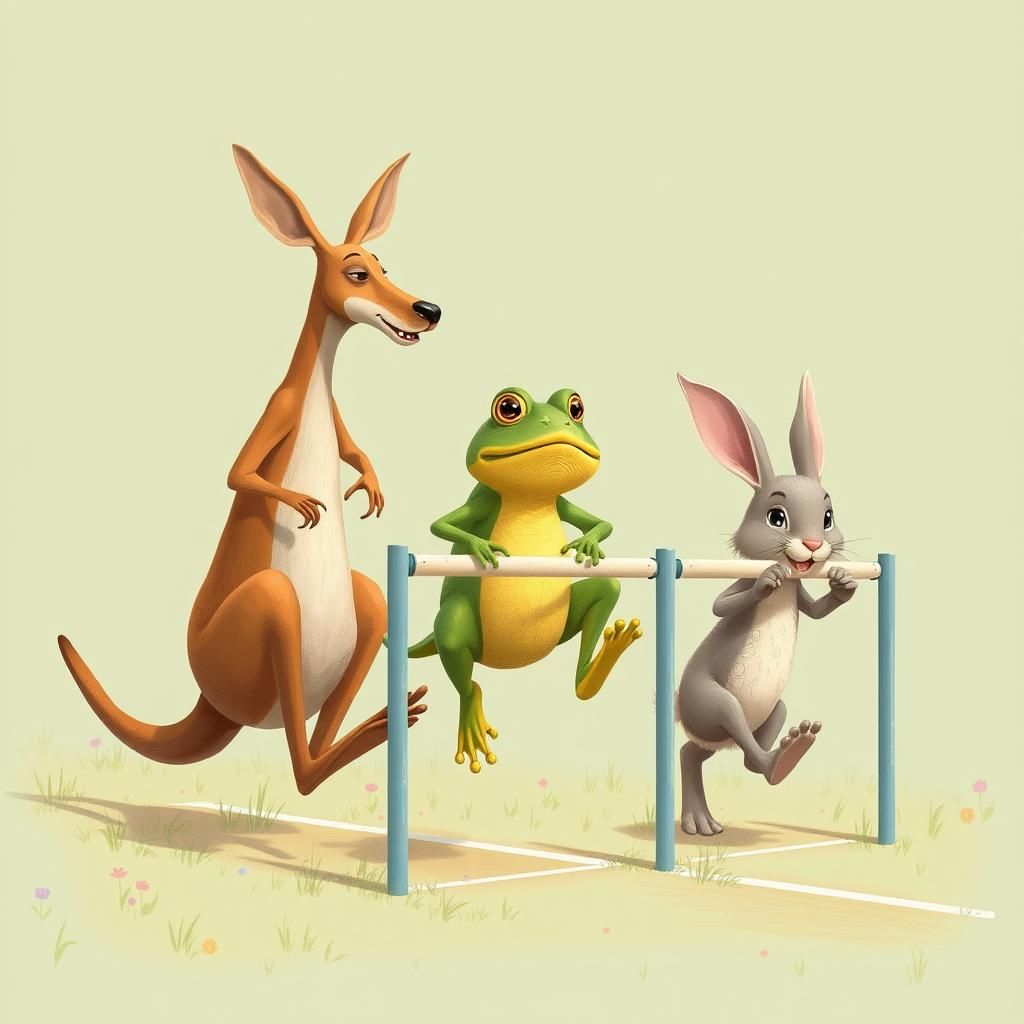 kangaroo, frog, rabbit in a hurdle race