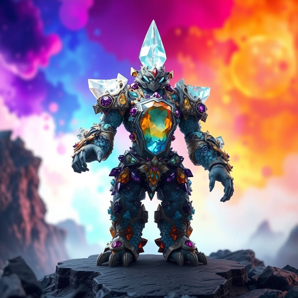 Glowing Topaz Golem Standing in Vibrant Dreamlike Landscape
