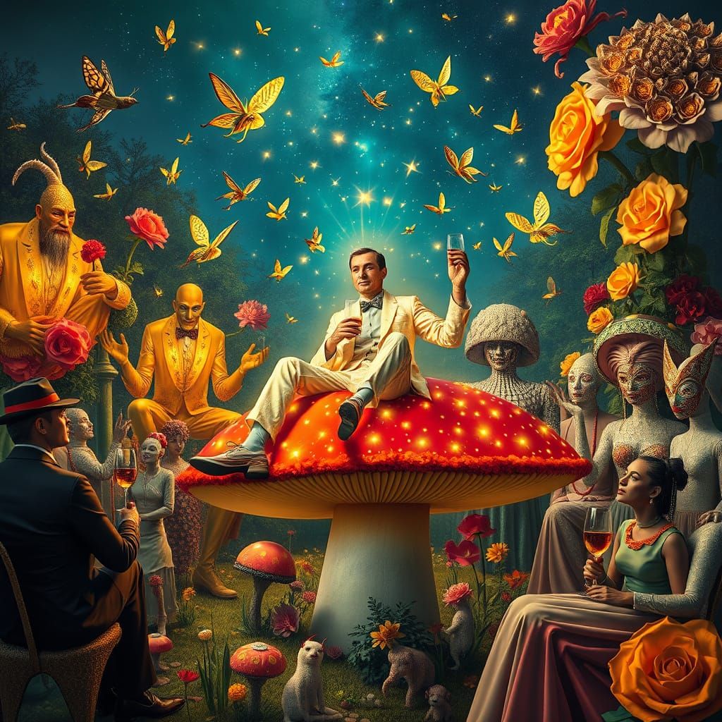 Man in Starlight Suit at Surreal Garden Party