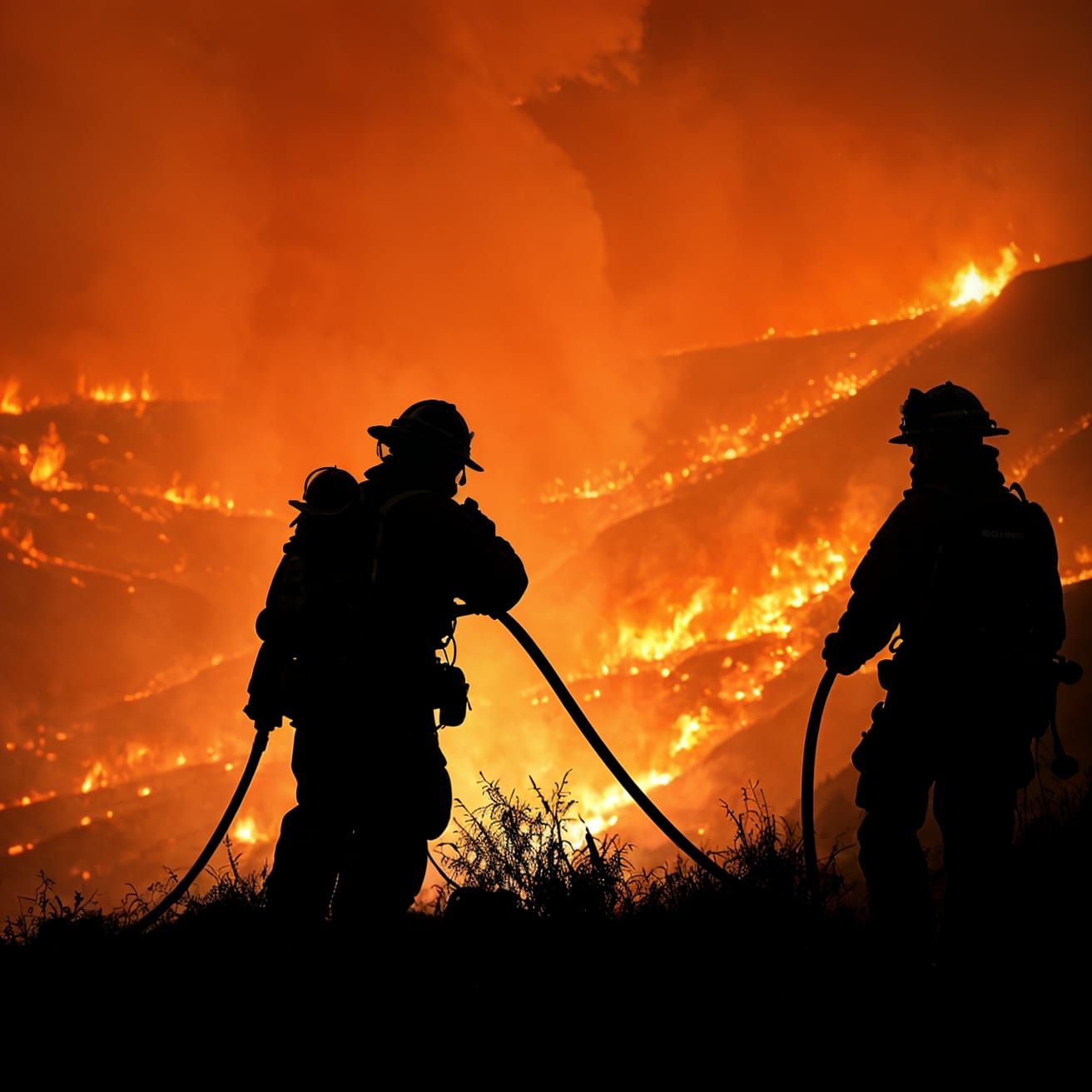 Epic Firefighters Silhouetted Against a Burning Sunset in Lo...