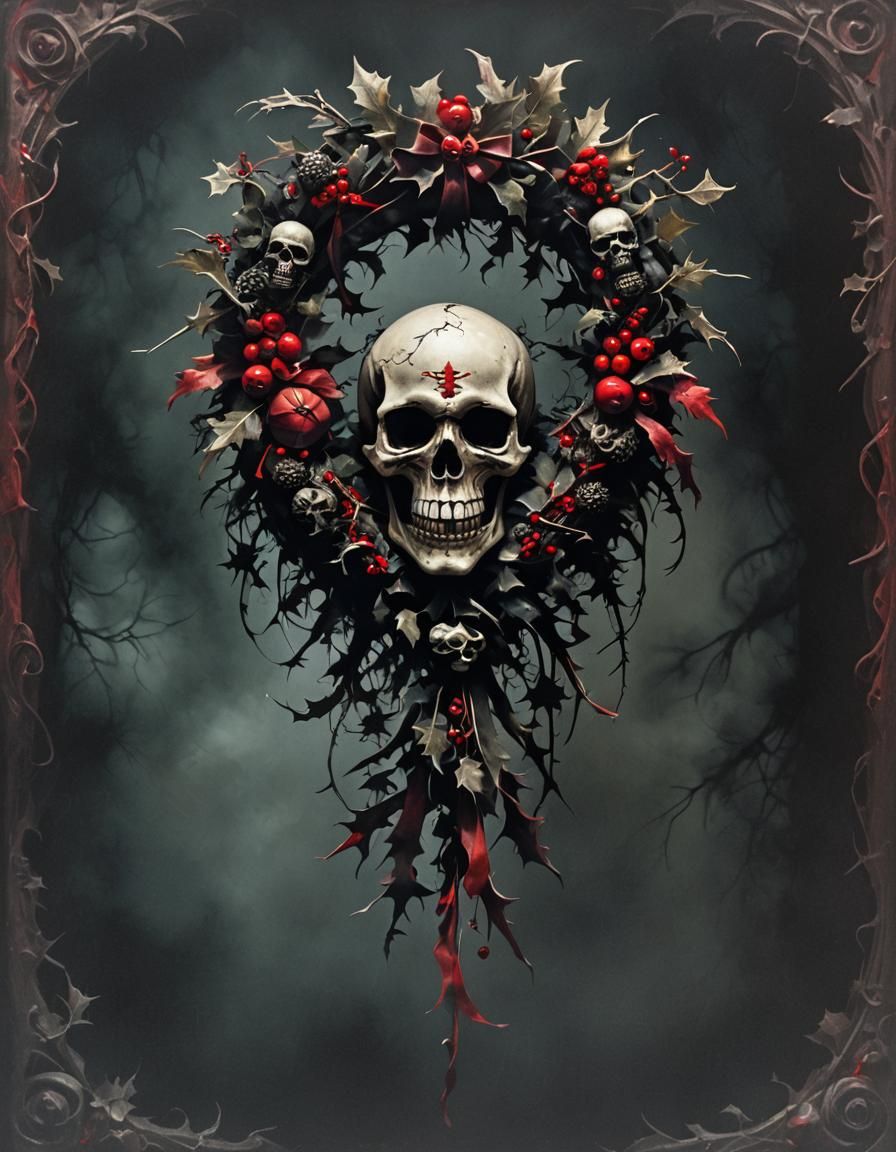 Gothic Christmas Wreath with Skull in Dark Fantasy Style