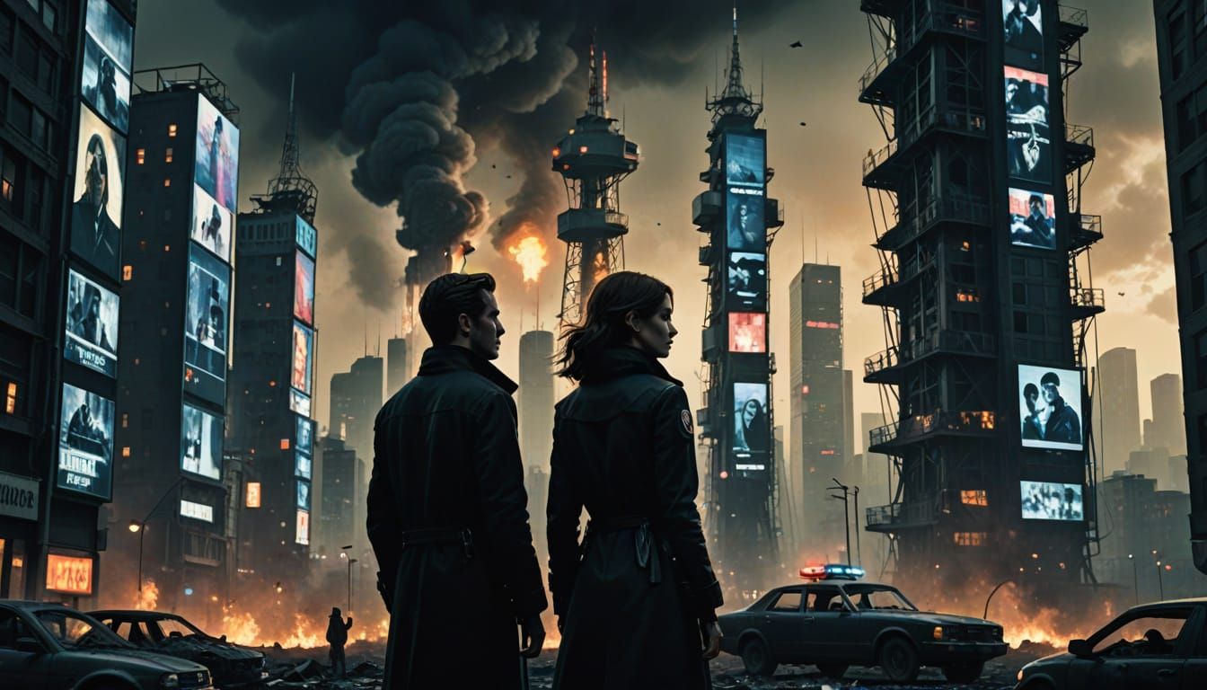 Cyber-Noir Reunion Under a Glitching Media Tower