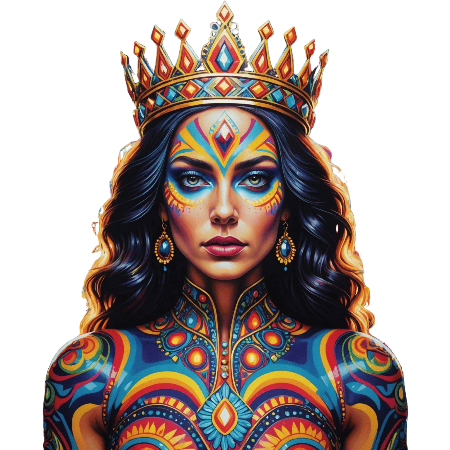 Psychedelic Queen Portrait with Body Paint Graffiti Art