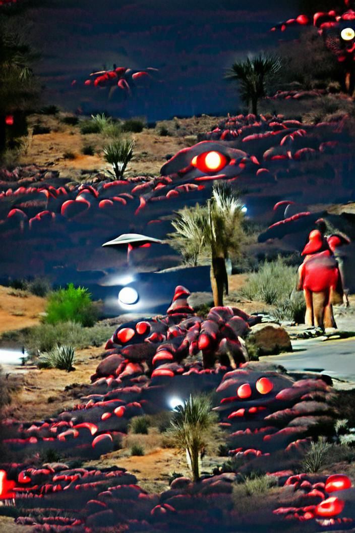 Alien Invasion in Desert Under Red Moon