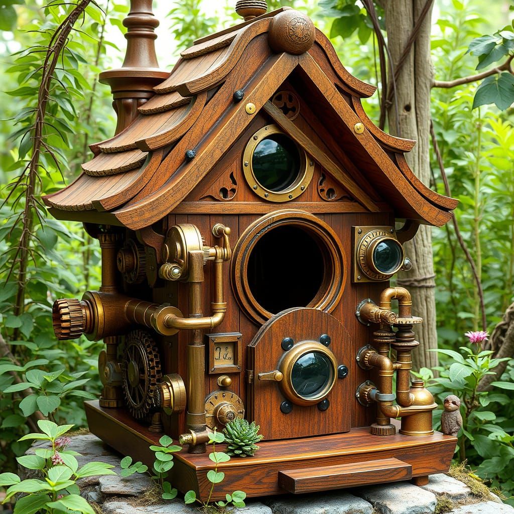 Steampunk Birdhouse with Gears and Victorian Details