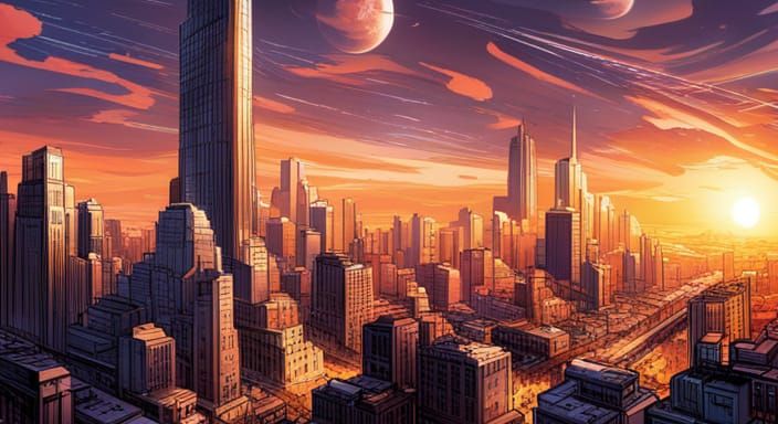 Superheroes Fly Through Futuristic City: Comic Book Art