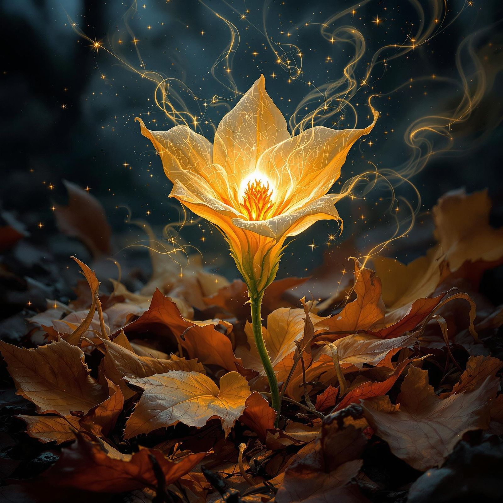 In an oil painting with impasto technique and metallic gold leaf accents, a single nightshade flower blooms atop a bed o...