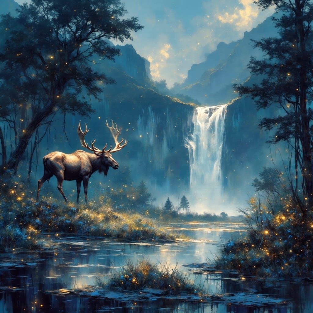 Ethereal Moose Amidst Twilight Waterfall