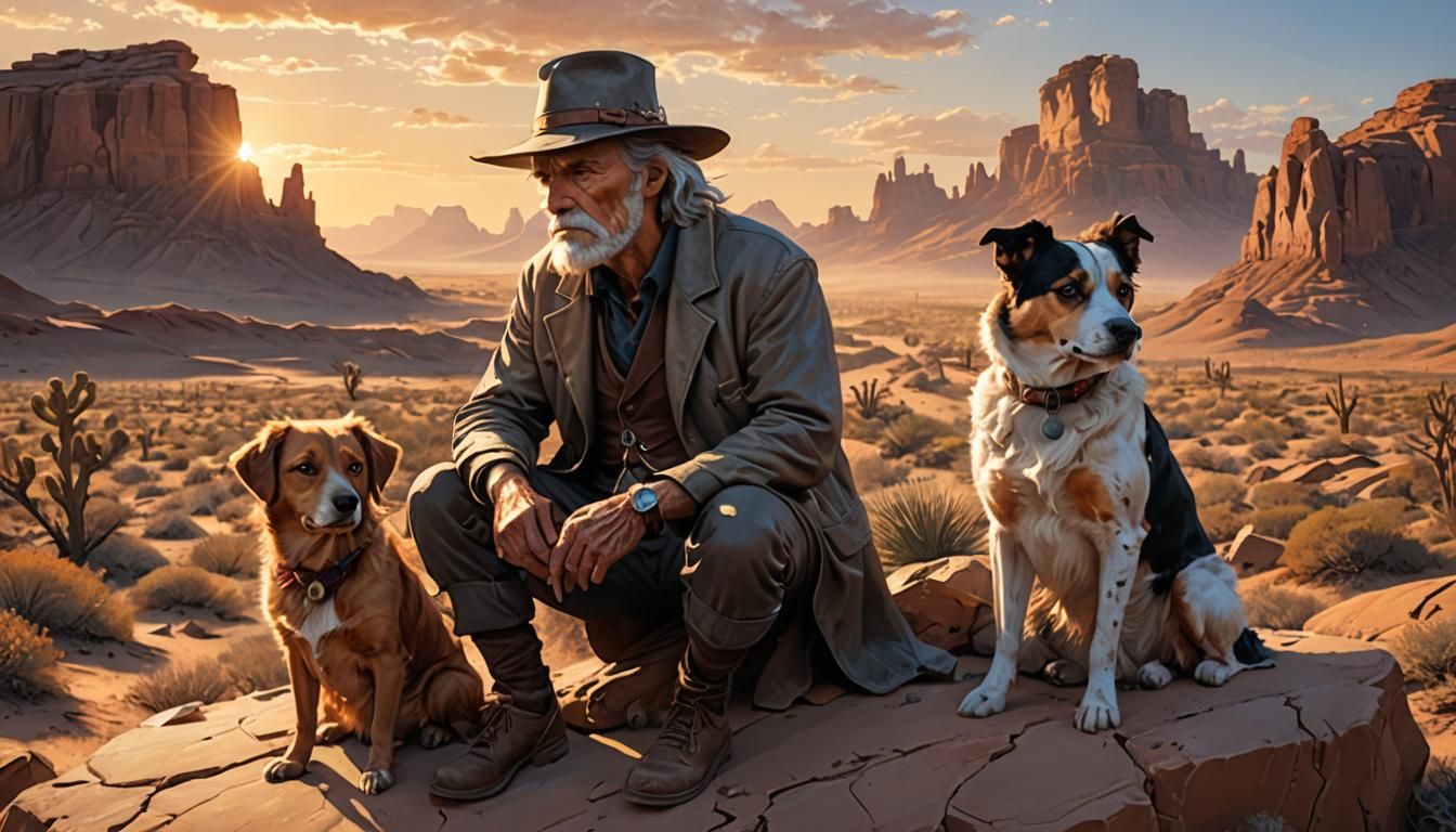 Desert Sunset Portrait with Old Man, Digital Art