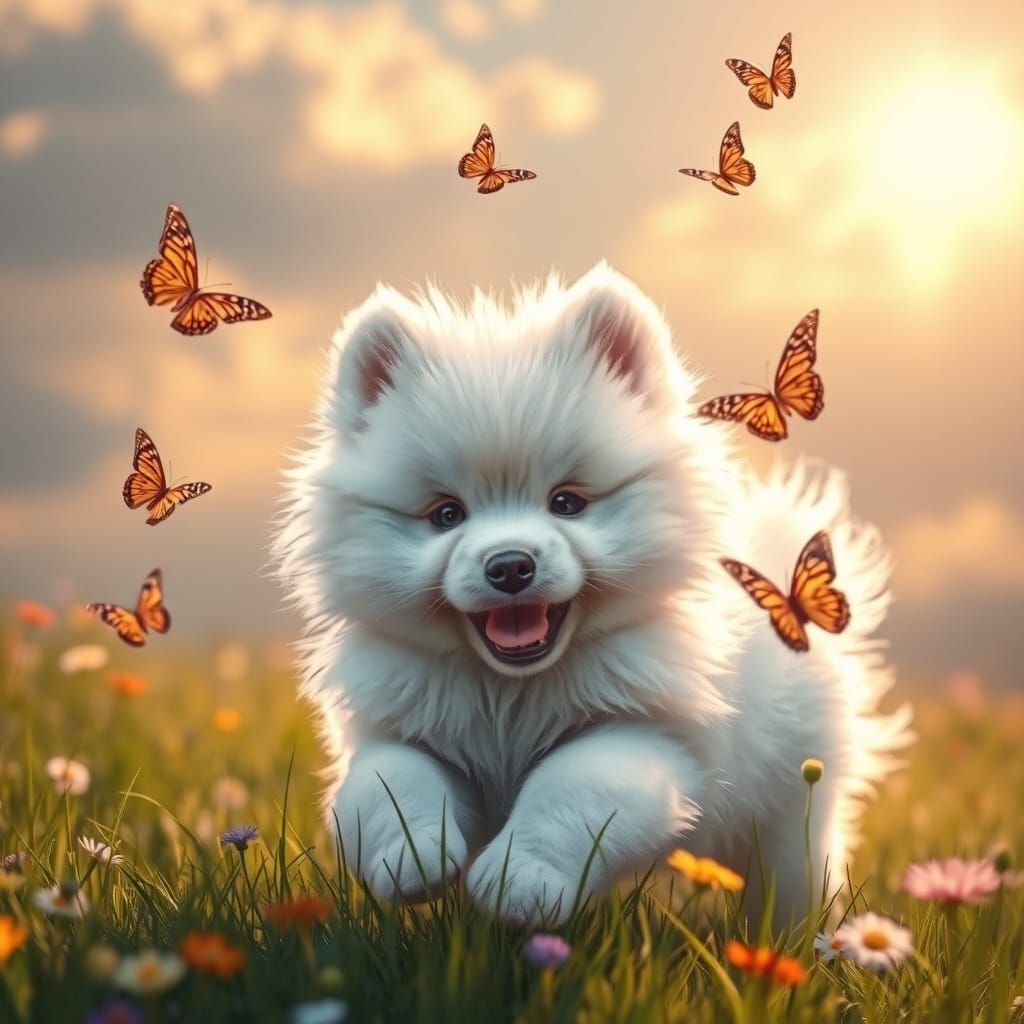 Whimsical Cloud Puppy Chases Butterflies in Sunlit Meadow