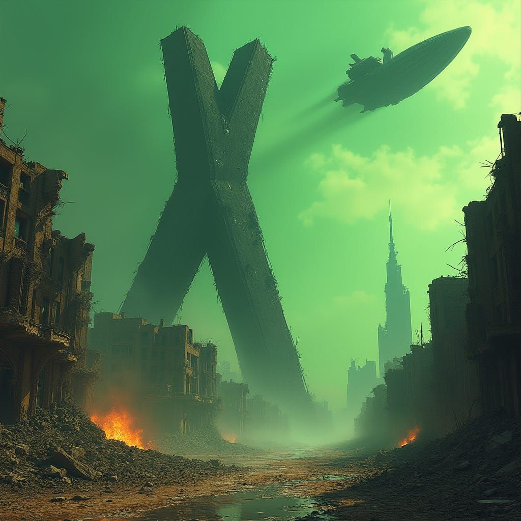 Ruined X-Shaped Skyscraper in Post-Apocalyptic Urban Landsca...