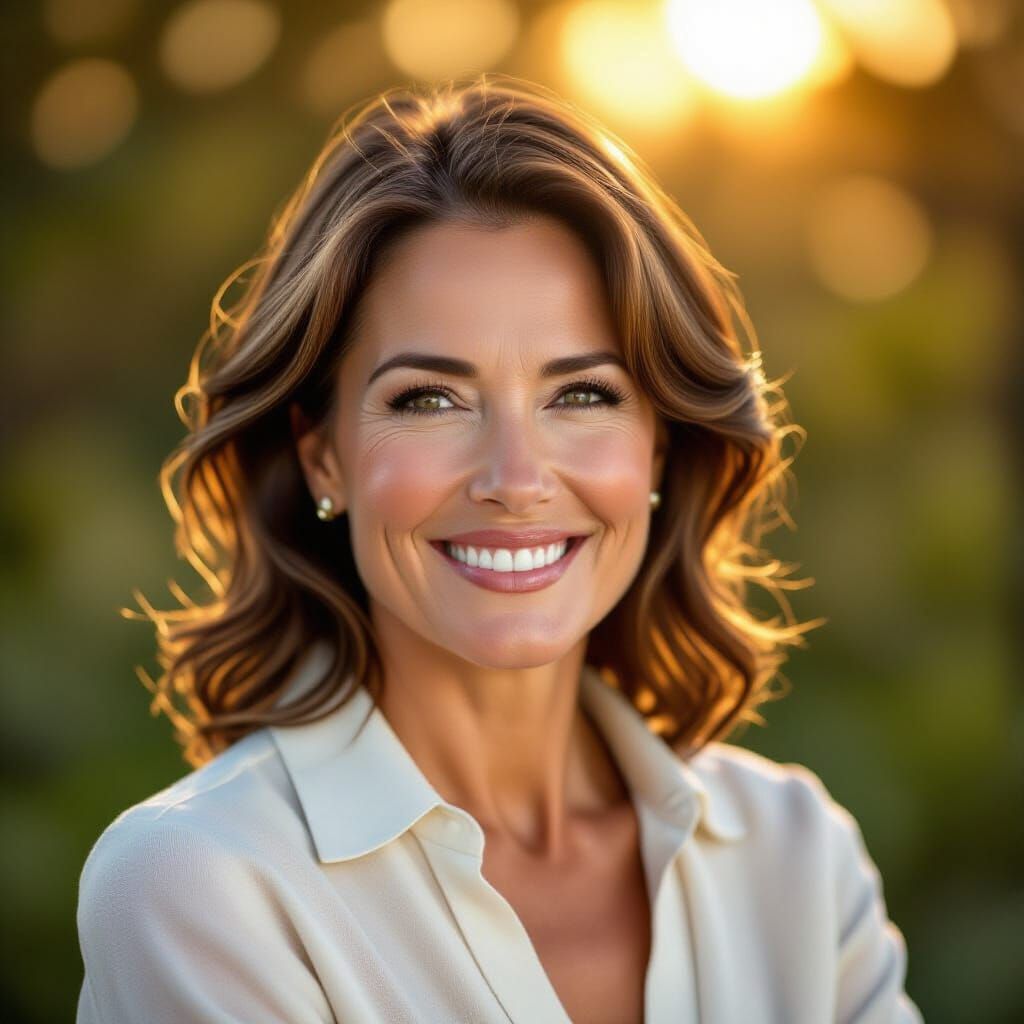 Mature Woman Radiating Warmth in Golden Hour Light