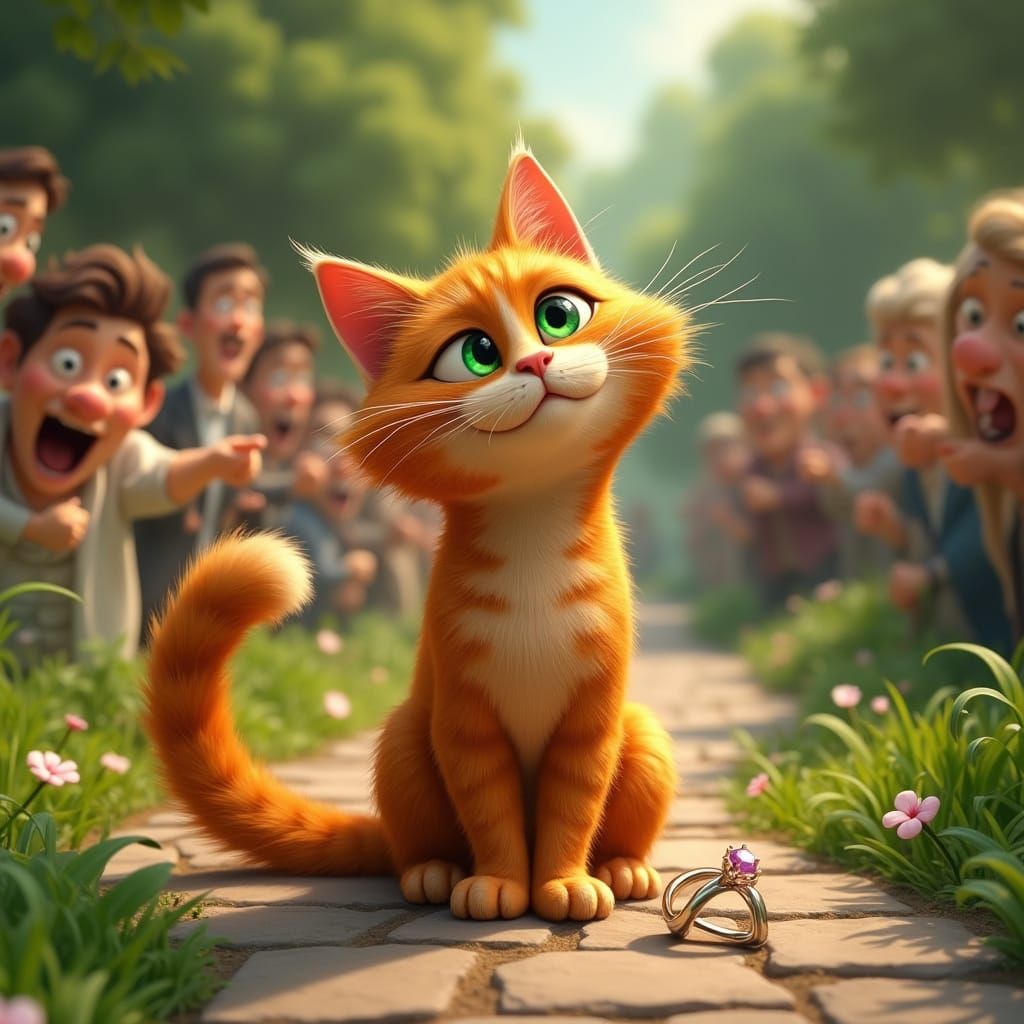 Regal Orange Tabby Cat in Vibrant Garden Scene