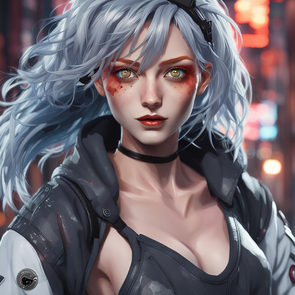 perfect mix of [Weiss Shchnee, Lucyna Kushinada] in a cyberpunk city, messy blonde-red hair, gorgeous detailed gray eyes...