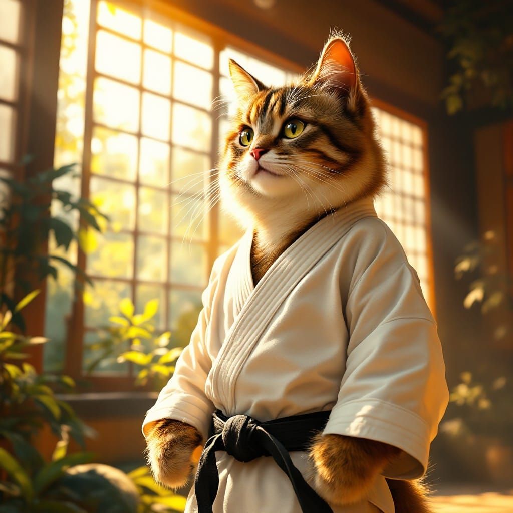 Majestic Karate Cat in a Sunlit Dojo