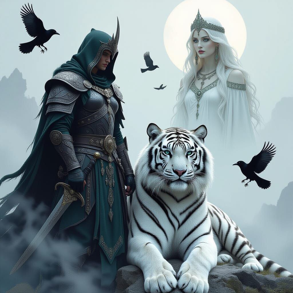 Celtic Warrior with Siberian Tiger and Morrigan