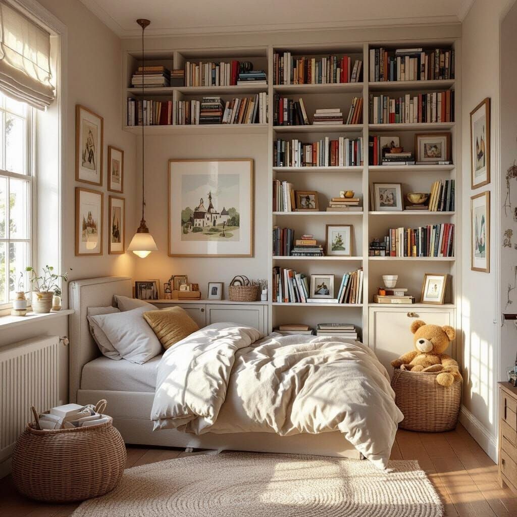 Cozy Organized Bedroom with Bookshelf in Children's Book Sty...