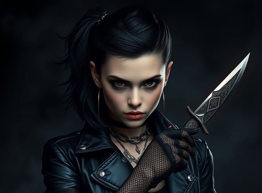 Fantasy Concept Art: Moody Emo Girl in Black Leather Jacket