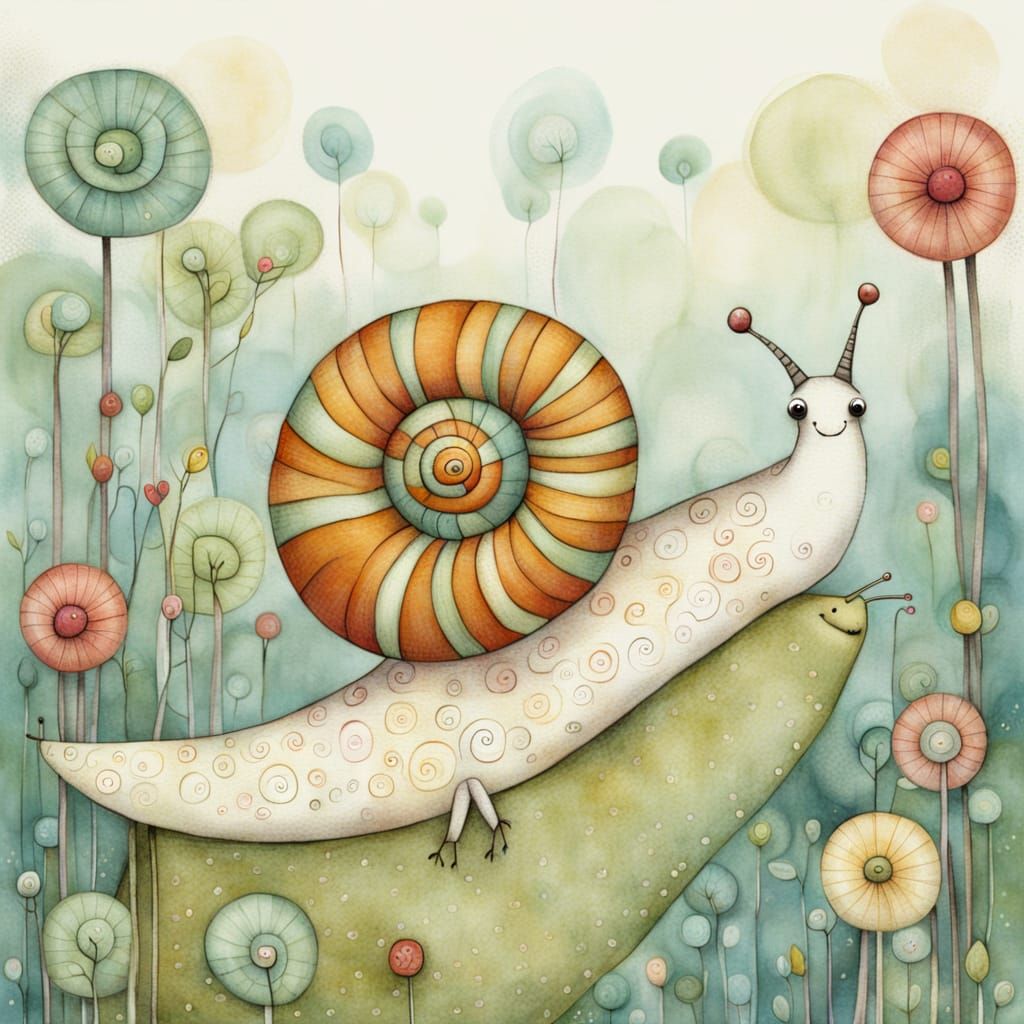 Adorable Curious Snail in Whimsical Folk Art