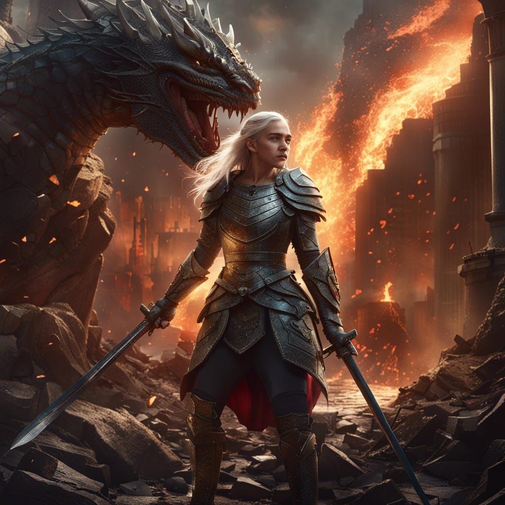 Emilia Clarke as a Knight in a Destroyed City