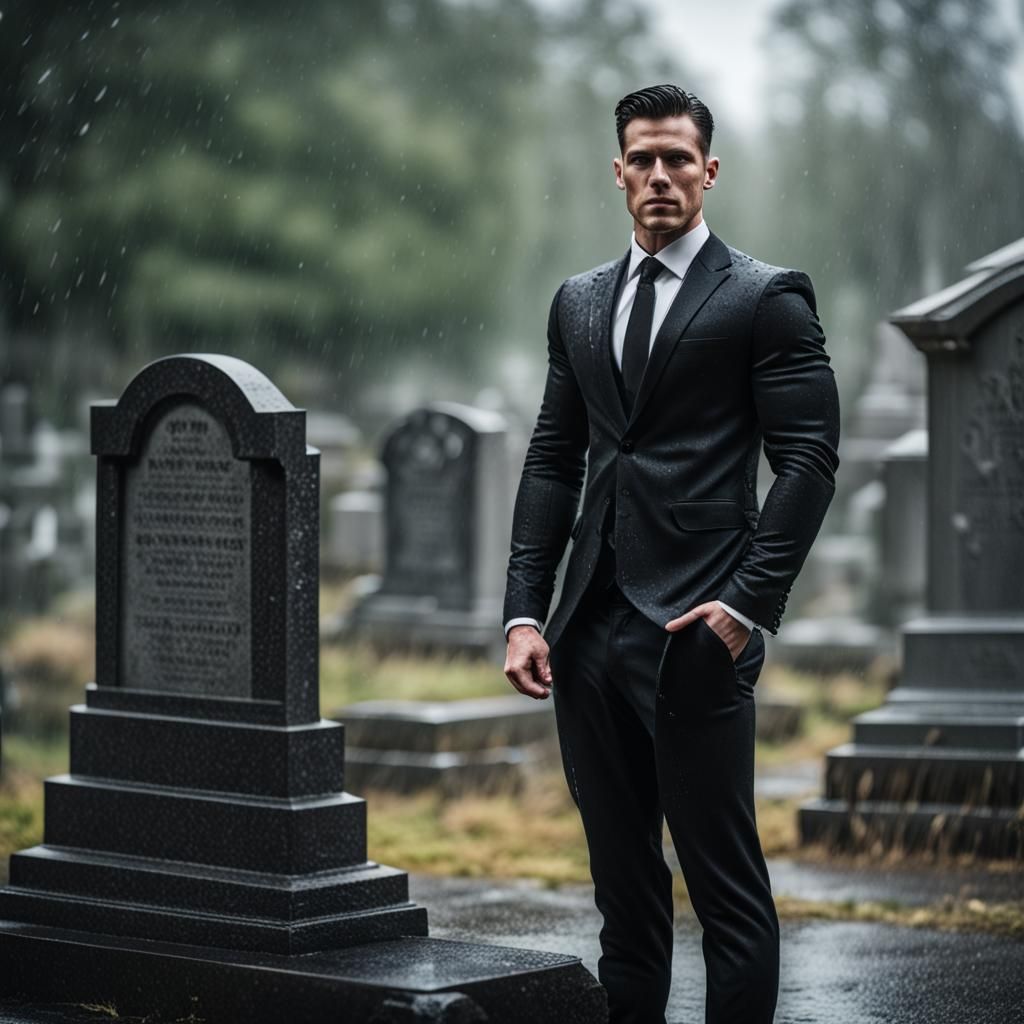 Man in Black Suit Stands in Rain