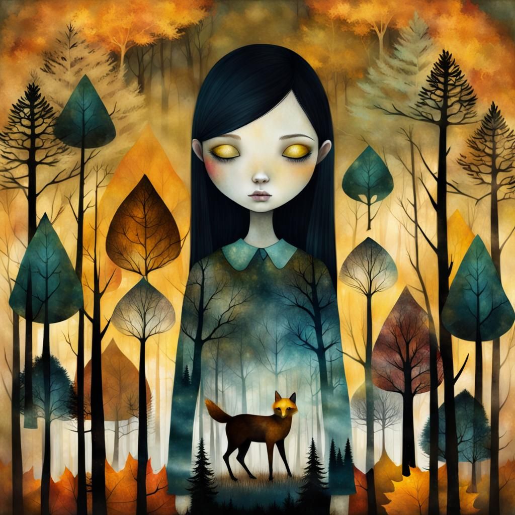 Girl and Autumnal Forest Double Exposure Art