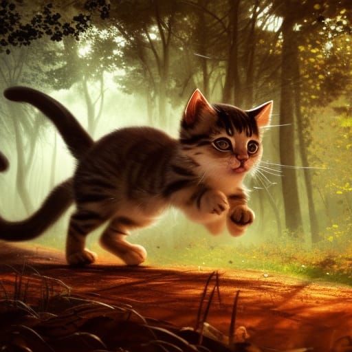 Kitten Running Through Forest: Hyperdetailed Concept Art