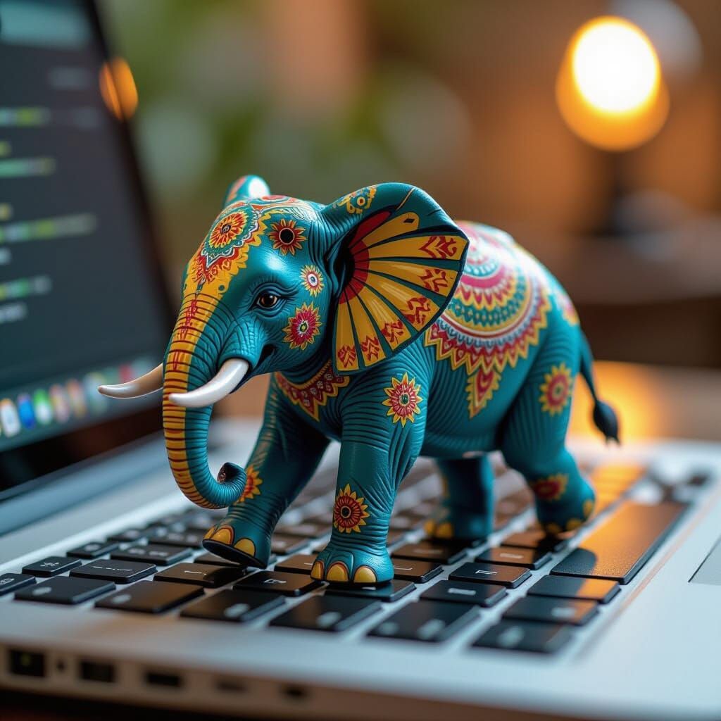 Toy Elephant on Laptop Keyboard, Cinematic Film Still