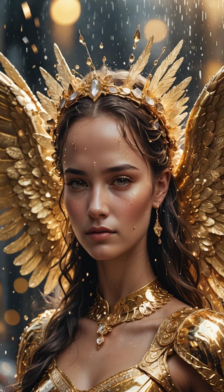 Golden Angel with Crystal Wings in Fantasy Atmosphere