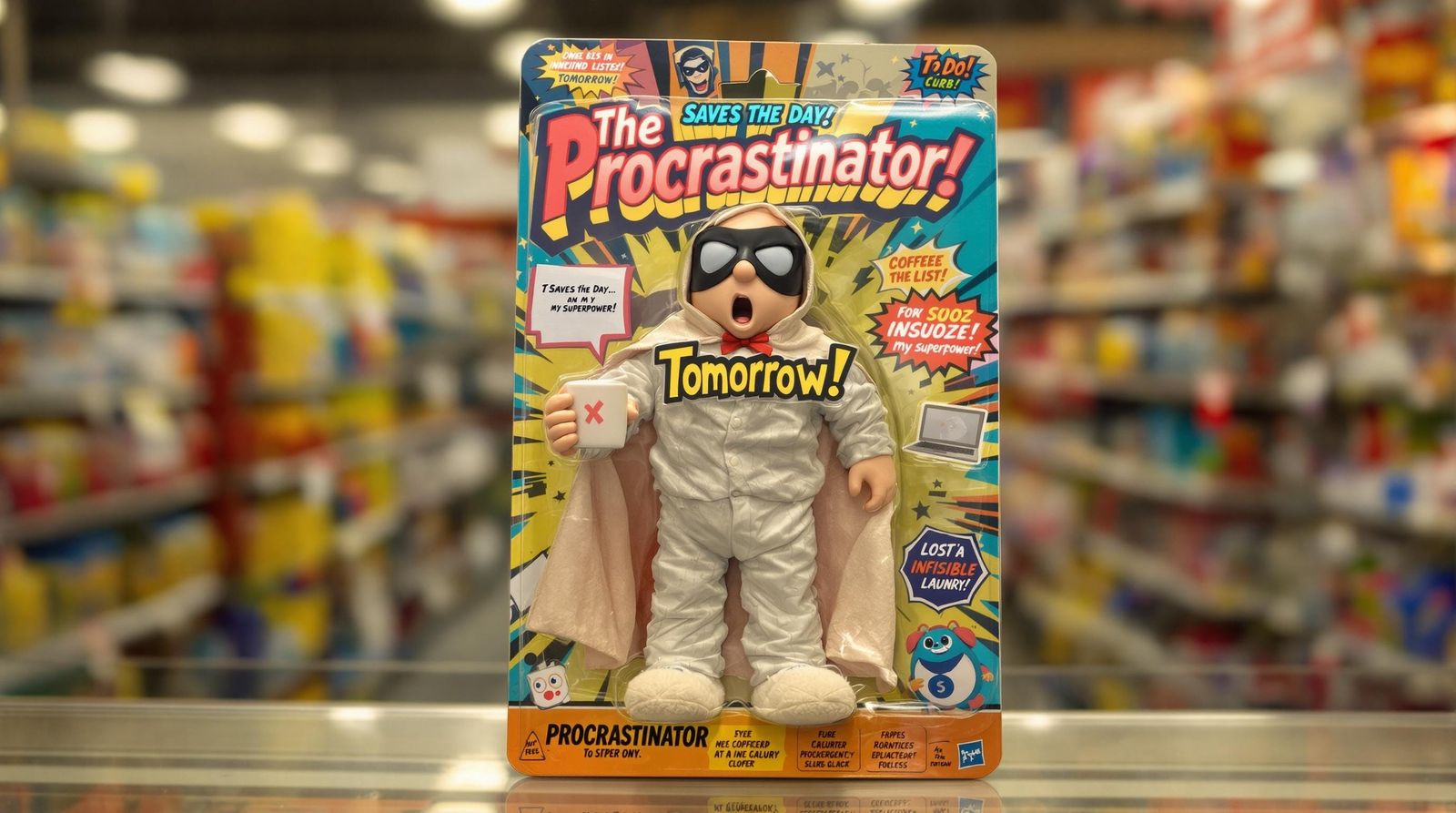 Disheveled Superhero Procrastinator in Retro Packaging