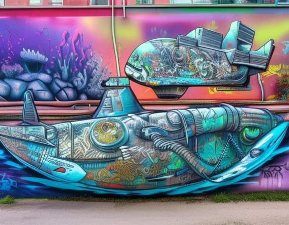 Underwater Submarine Garden Graffiti Art in City