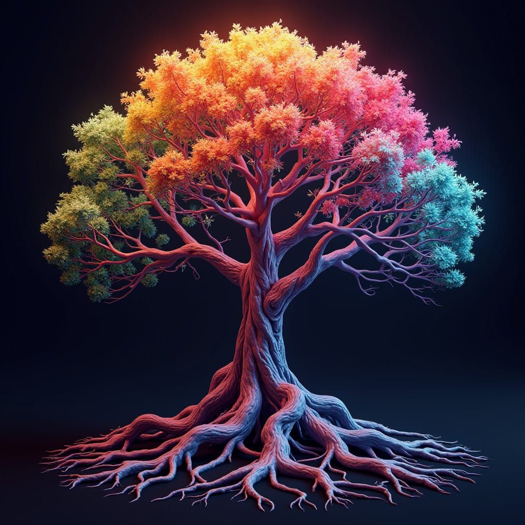 Surreal Tree of Life Radiates Vibrant Colors in a Dark, Grad...